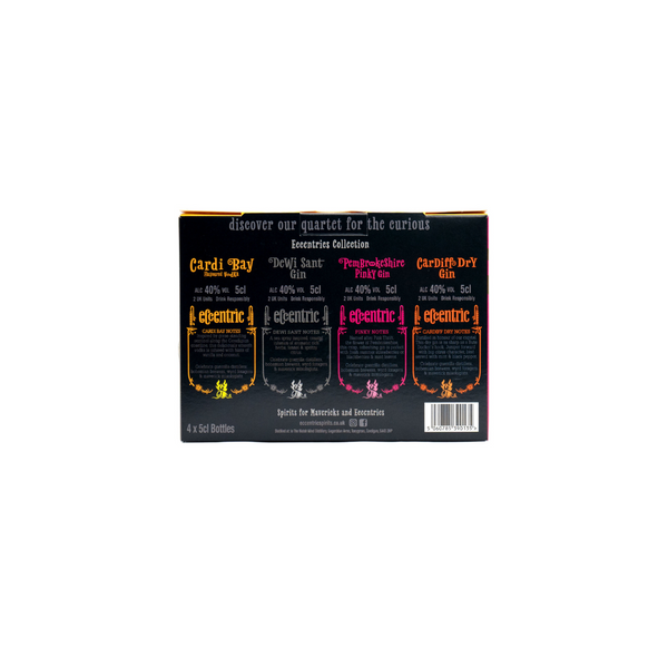 The back of the Eccentric Miniatures Collection Gift Box, which describes the tasting notes of each Welsh spirit in this collection.