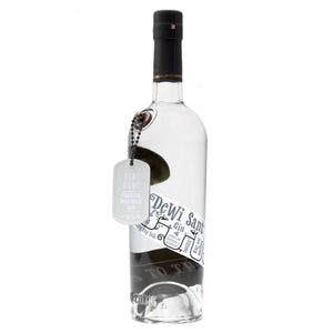 A 70cl bottle of Eccentric Spirit Co's Dewi Sant Gin with a white background. This Welsh gin has a grey dog tag dangling from the bottle and a distinctive black and white label, which screams of what inspired the Welsh gin's creation.