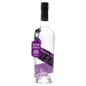 A 70cl bottle of Eccentric Spirit Co's Madam Geneva Gin with a white background. This London Dry Gin has a purple dog tag dangling from the bottle and a distinctive purple and black label, which screams of what inspired the creation of this Welsh Gin.