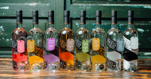 Each distinctive bottle in the Eccentric Spirit Co range of Welsh gin, Welsh rum and Welsh vodka standing side by side on a wooden table with a green, rustic background.